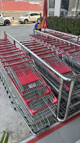 Rows of shopping carts nested in an outdoor corral