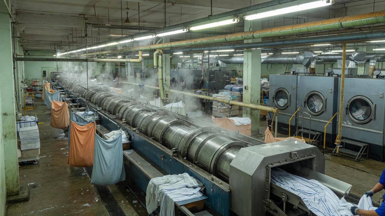 Industrial laundry hall with a tunnel washer line in operation