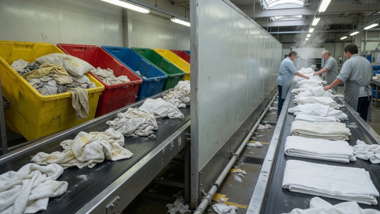 Linen sorting line moving hospital linen through a segregated flow
