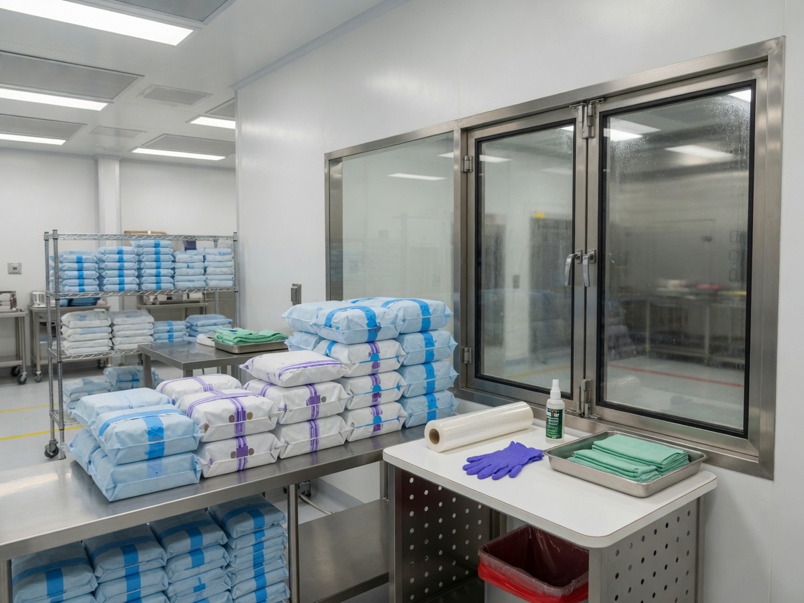 Clean-side hygiene barrier with wrapped linen bundles passing through