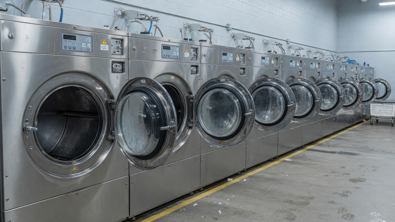 Row of industrial washer-extractors in a laundry plant