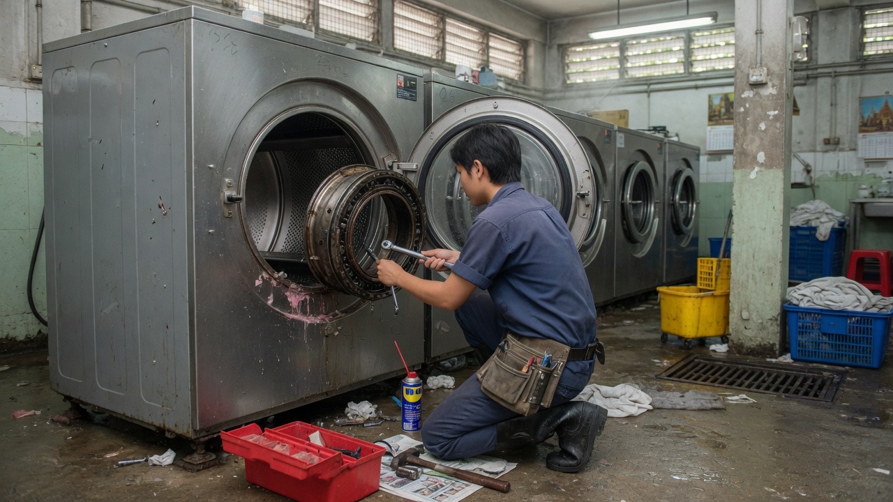 Technician rebuilding the drum of an open industrial washer-extractor