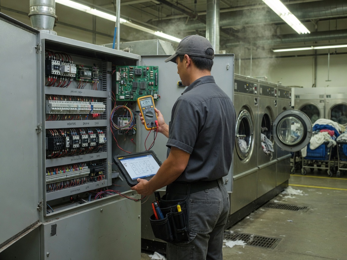 Technician running diagnostics at an industrial machine control board