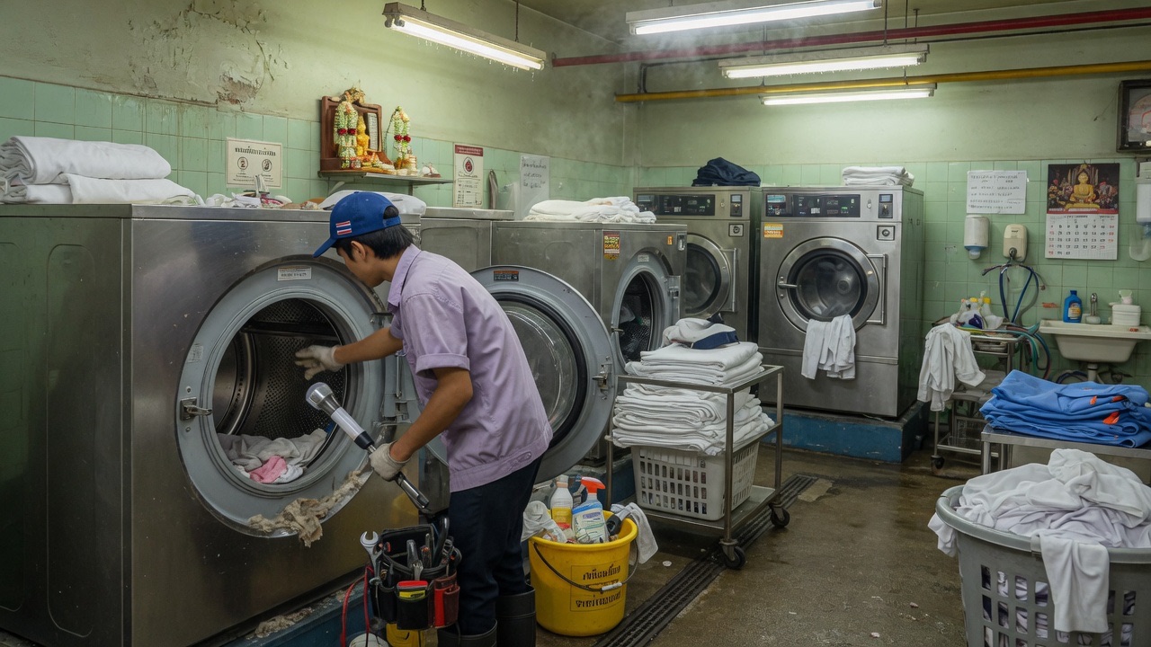 Technician servicing an installed industrial laundry machine on site