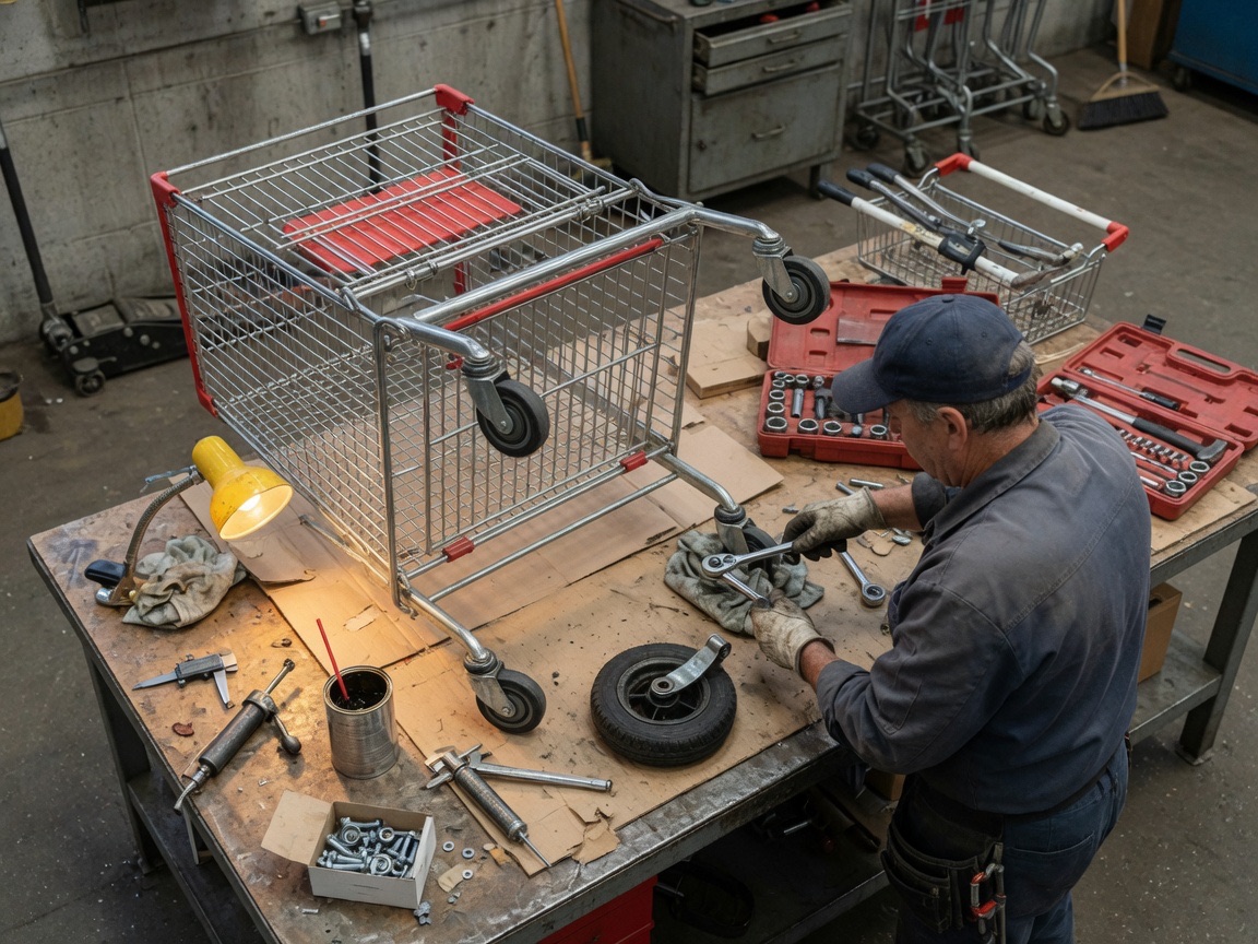 Cart and caster service bench with wheels and tools mid-service
