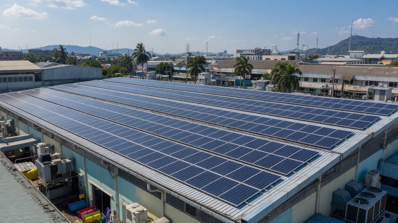 Rooftop solar array over an industrial plant under a Thai sky