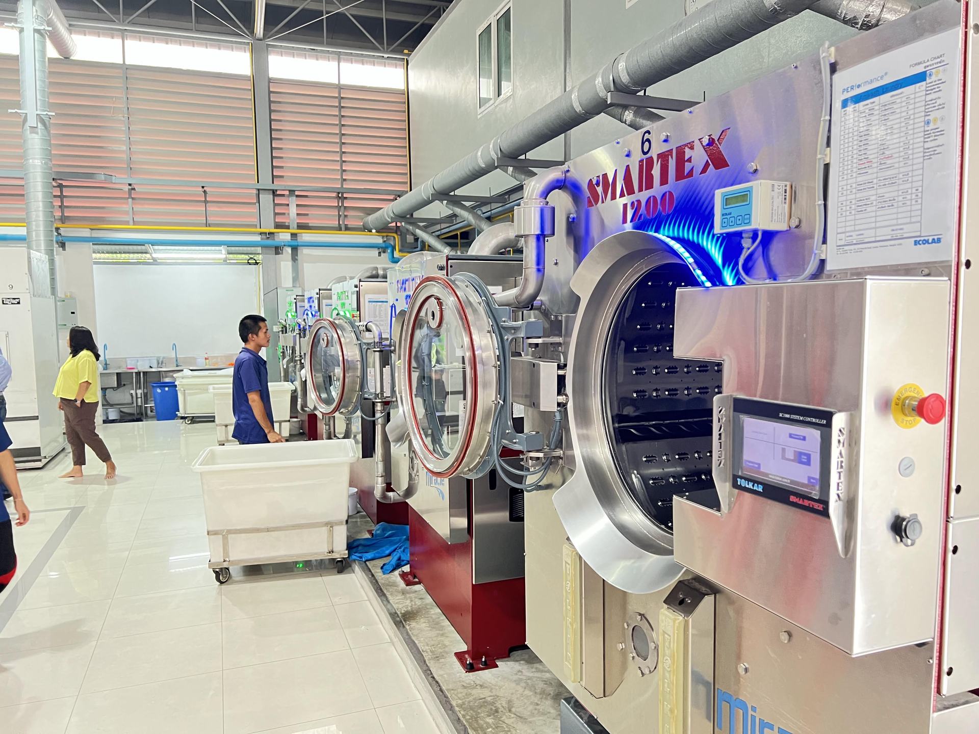Ideal Laundry staff working the industrial washer line — the operating arm delivering clean linen
